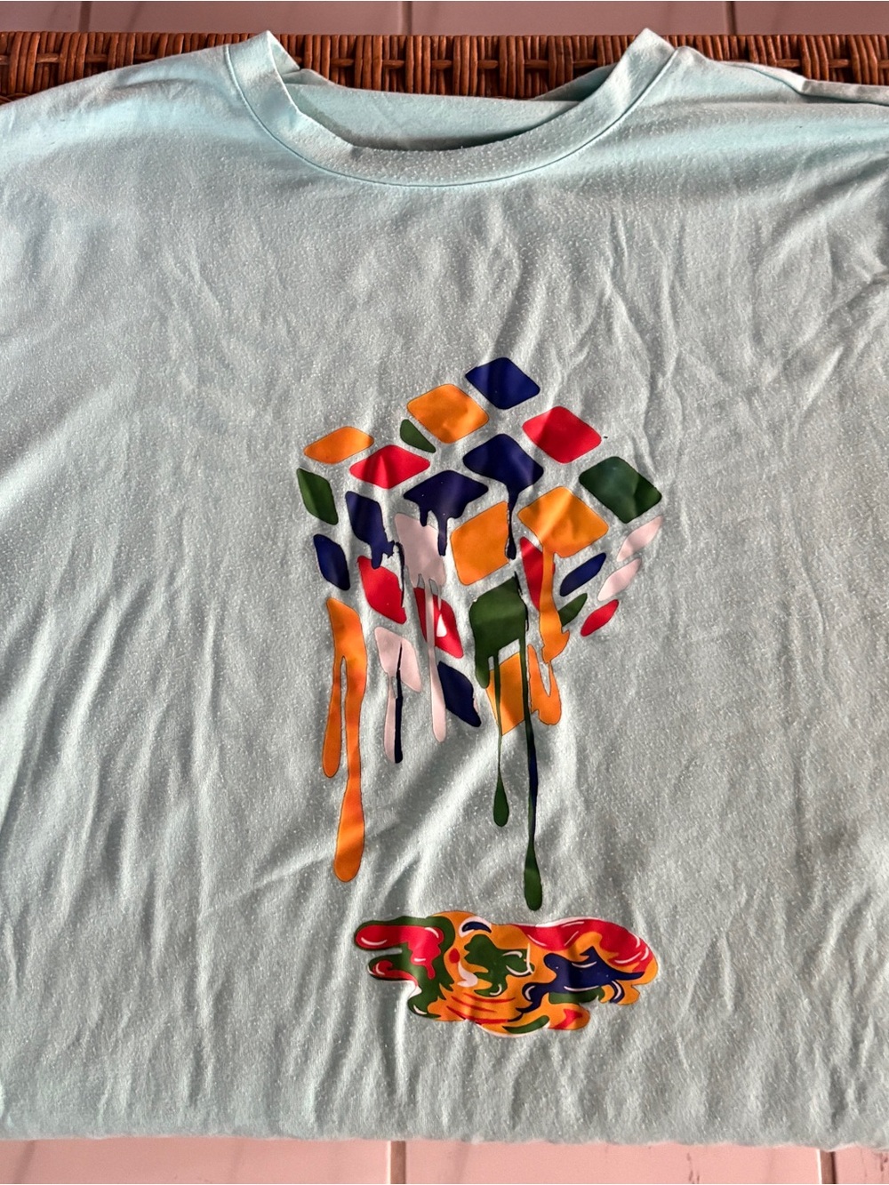 Light Aqua Tee with Colorful Dripping Rubix Cube Graphic